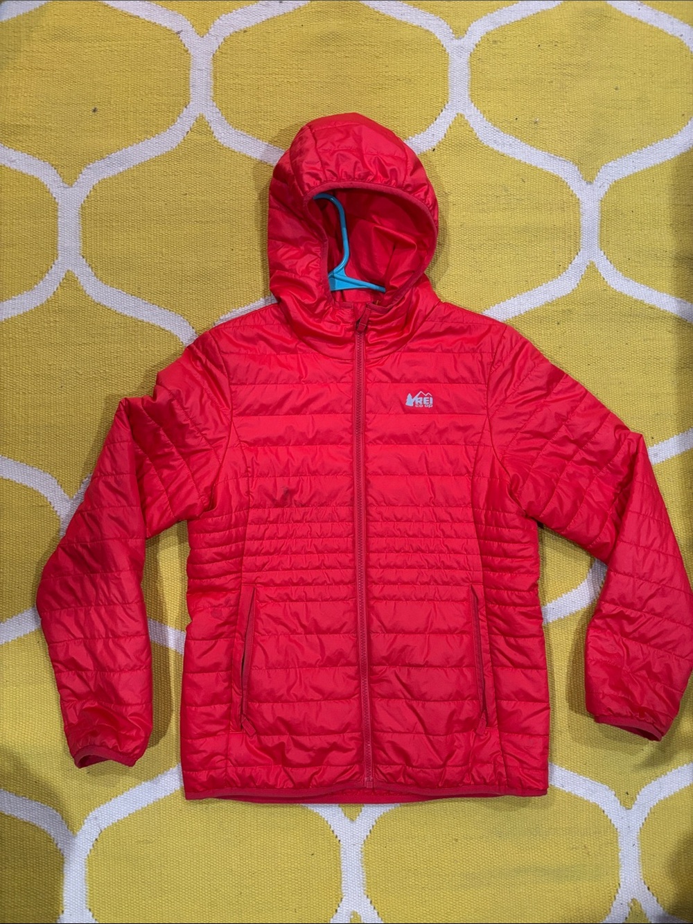 REI Red Quilted Hooded Packable Jacket